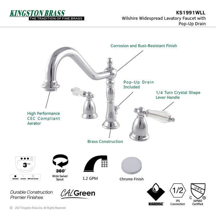 Wilshire KS1991WLL Two-Handle 3-Hole Deck Mount Widespread Bathroom Faucet with Brass Pop-Up Drain, Polished Chrome