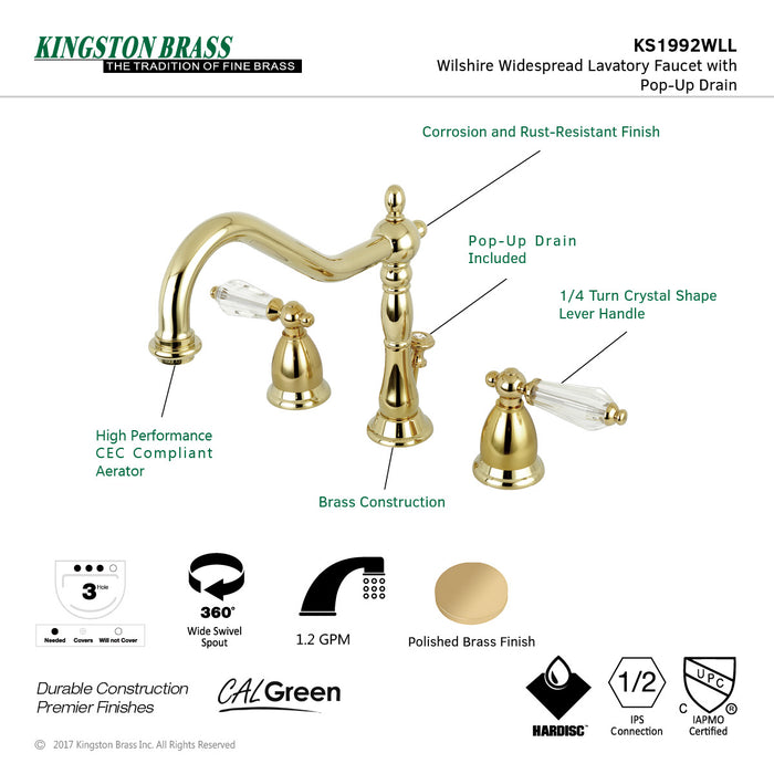 Wilshire KS1992WLL Two-Handle 3-Hole Deck Mount Widespread Bathroom Faucet with Brass Pop-Up Drain, Polished Brass