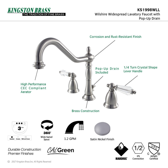 Wilshire KS1998WLL Two-Handle 3-Hole Deck Mount Widespread Bathroom Faucet with Brass Pop-Up Drain, Brushed Nickel