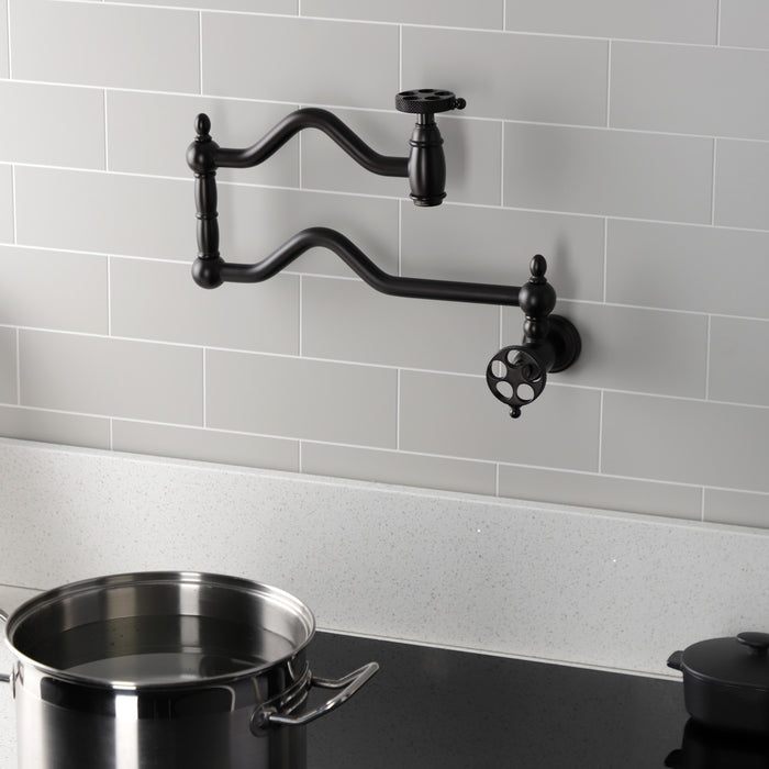 Webb KS2105RKX Two-Handle 1-Hole Wall Mount Pot Filler with Knurled Handle, Oil Rubbed Bronze