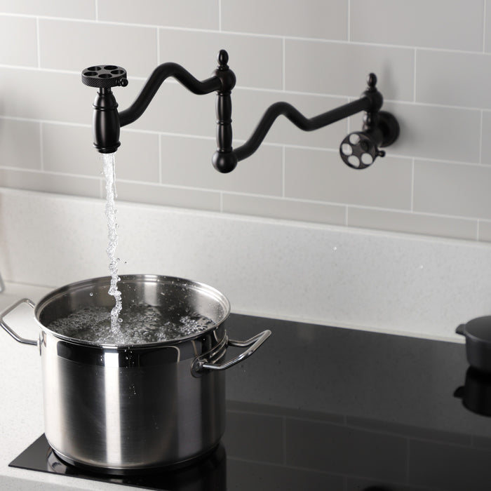 Webb KS2105RKX Two-Handle 1-Hole Wall Mount Pot Filler with Knurled Handle, Oil Rubbed Bronze