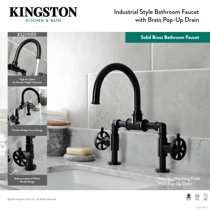 Belknap KS2170RX Two-Handle 2-Hole Deck Mount Bridge Bathroom Faucet with Pop-Up Drain, Matte Black