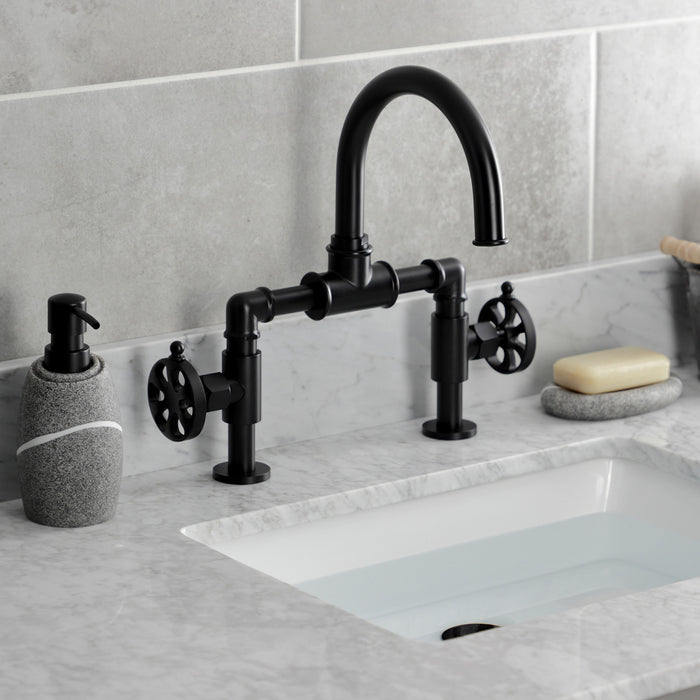 Belknap KS2170RX Two-Handle 2-Hole Deck Mount Bridge Bathroom Faucet with Pop-Up Drain, Matte Black