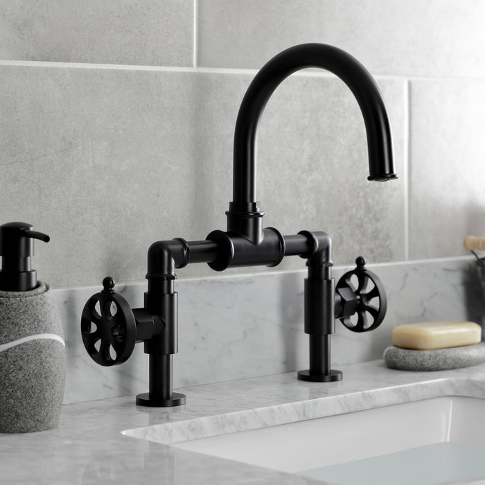 Belknap KS2170RX Two-Handle 2-Hole Deck Mount Bridge Bathroom Faucet with Pop-Up Drain, Matte Black