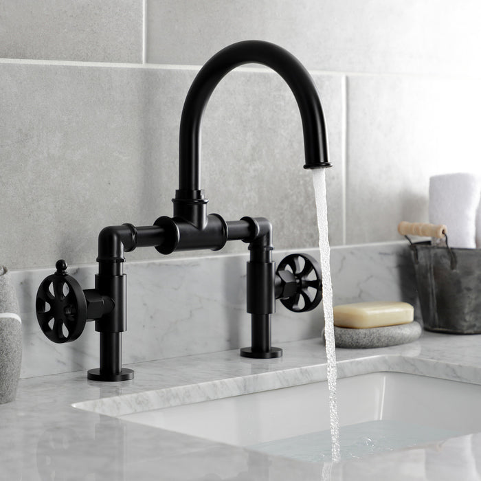 Belknap KS2170RX Two-Handle 2-Hole Deck Mount Bridge Bathroom Faucet with Pop-Up Drain, Matte Black