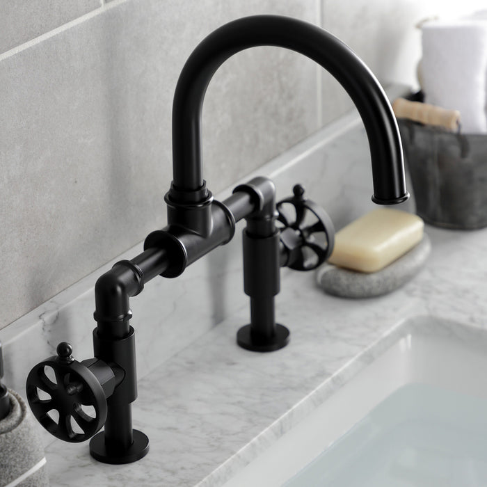 Belknap KS2170RX Two-Handle 2-Hole Deck Mount Bridge Bathroom Faucet with Pop-Up Drain, Matte Black