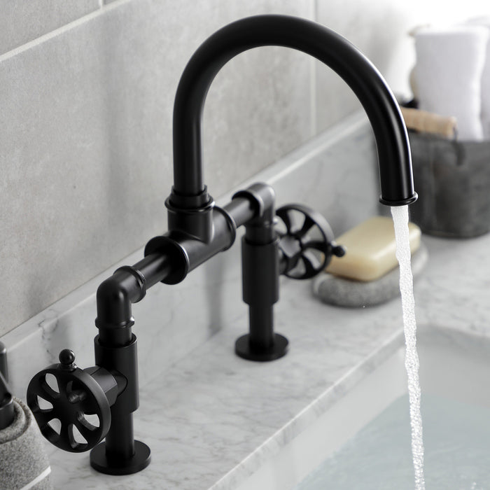 Belknap KS2170RX Two-Handle 2-Hole Deck Mount Bridge Bathroom Faucet with Pop-Up Drain, Matte Black