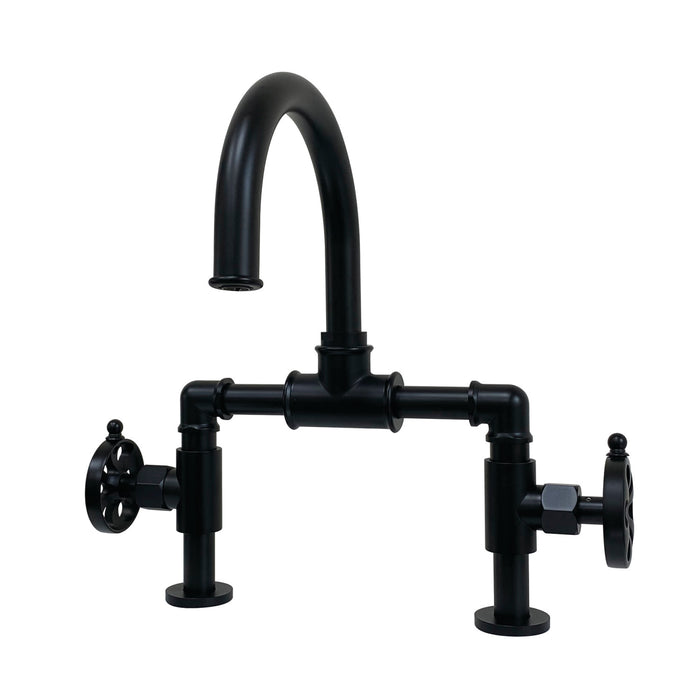 Belknap KS2170RX Two-Handle 2-Hole Deck Mount Bridge Bathroom Faucet with Pop-Up Drain, Matte Black