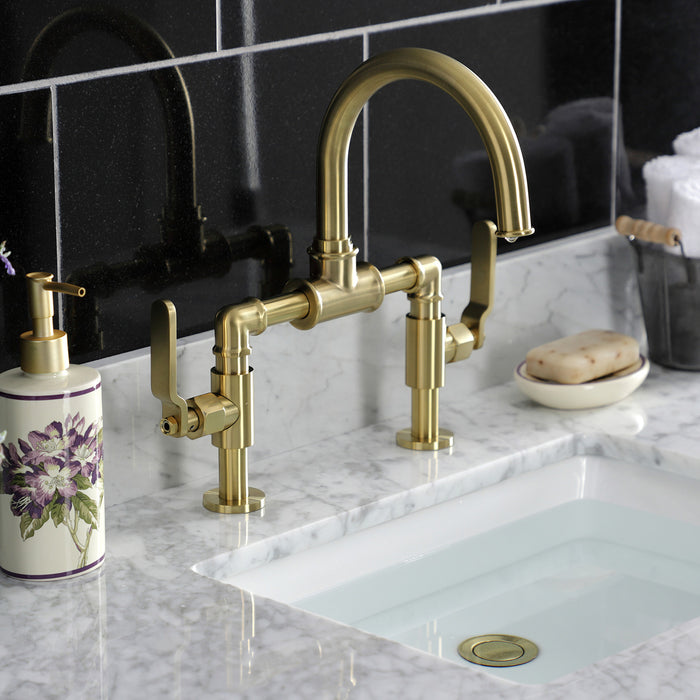 Whitaker KS2177KL Two-Handle 2-Hole Deck Mount Bridge Bathroom Faucet with Pop-Up Drain, Brushed Brass