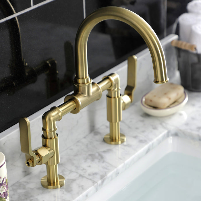 Whitaker KS2177KL Two-Handle 2-Hole Deck Mount Bridge Bathroom Faucet with Pop-Up Drain, Brushed Brass