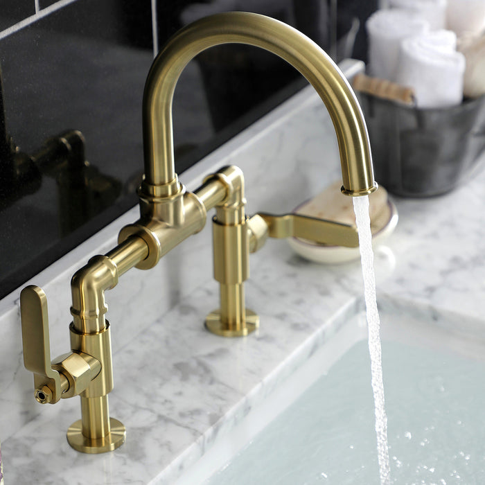 Whitaker KS2177KL Two-Handle 2-Hole Deck Mount Bridge Bathroom Faucet with Pop-Up Drain, Brushed Brass