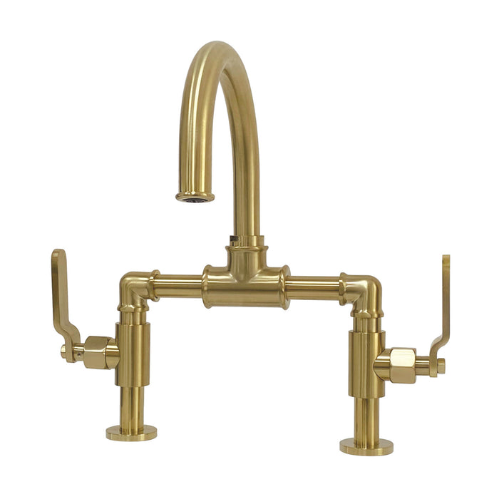 Whitaker KS2177KL Two-Handle 2-Hole Deck Mount Bridge Bathroom Faucet with Pop-Up Drain, Brushed Brass