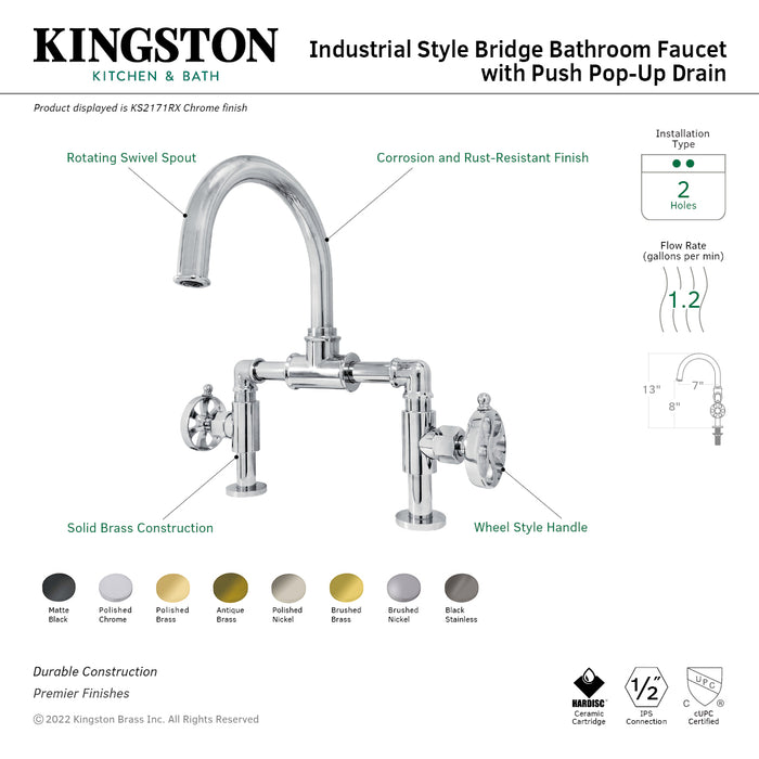 Belknap KS2177RX Two-Handle 2-Hole Deck Mount Bridge Bathroom Faucet with Pop-Up Drain, Brushed Brass