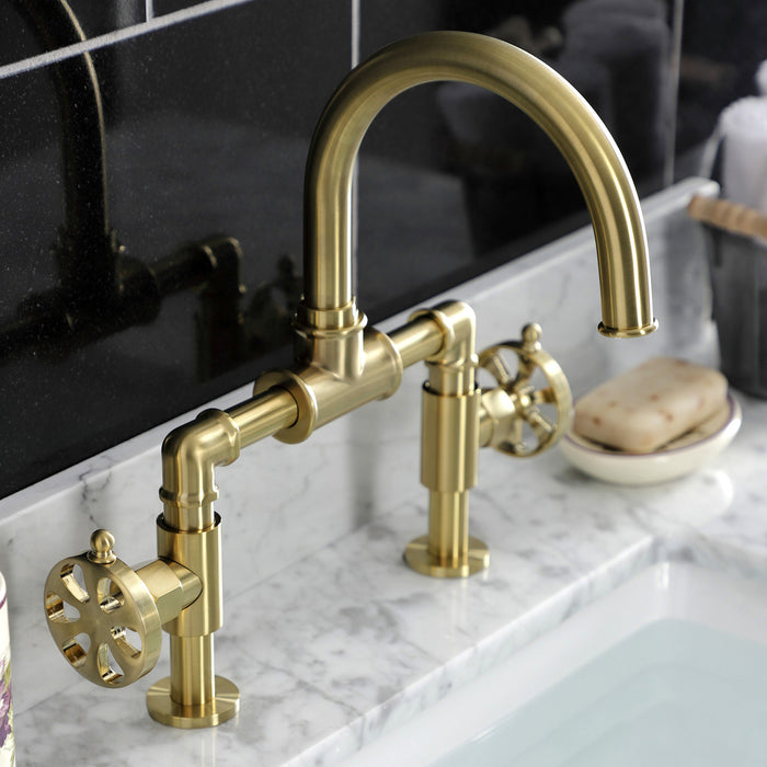 Belknap KS2177RX Two-Handle 2-Hole Deck Mount Bridge Bathroom Faucet with Pop-Up Drain, Brushed Brass