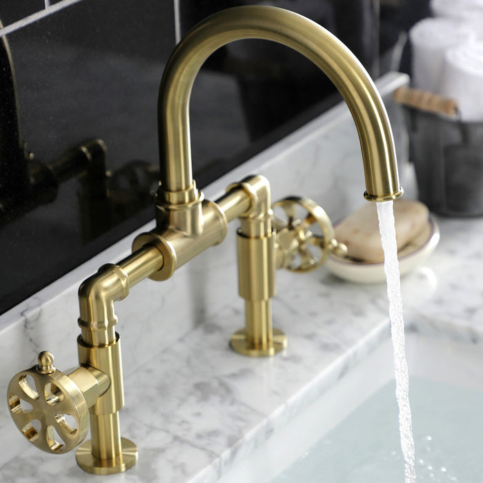 Belknap KS2177RX Two-Handle 2-Hole Deck Mount Bridge Bathroom Faucet with Pop-Up Drain, Brushed Brass