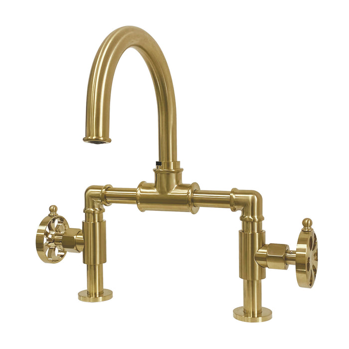 Belknap KS2177RX Two-Handle 2-Hole Deck Mount Bridge Bathroom Faucet with Pop-Up Drain, Brushed Brass