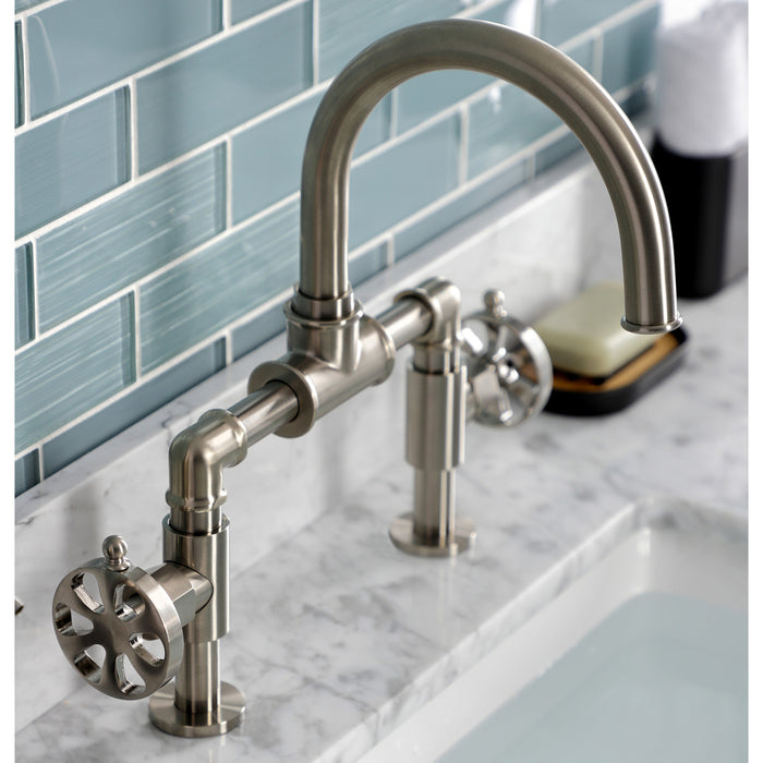 Belknap KS2178RX Two-Handle 2-Hole Deck Mount Bridge Bathroom Faucet with Pop-Up Drain, Brushed Nickel