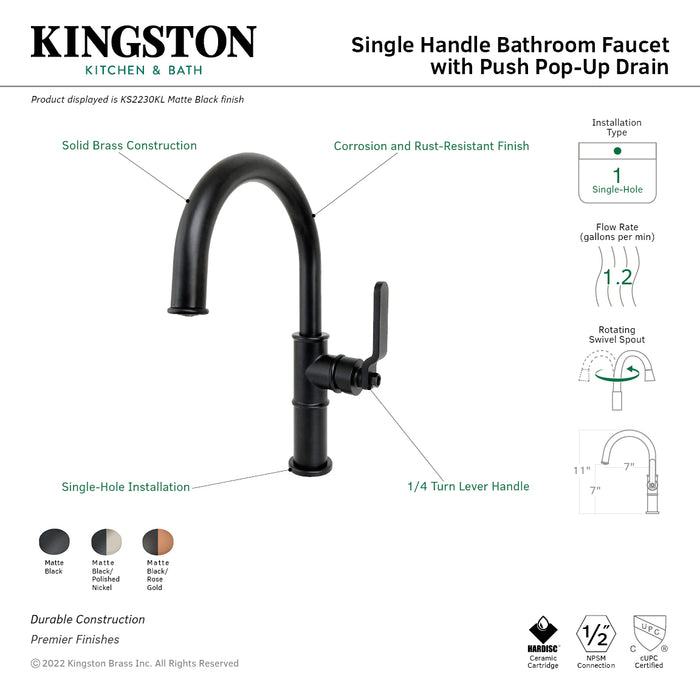 Whitaker KS2230KL One-Handle 1-Hole Bathroom Faucet with Push Pop-Up Drain, Matte Black