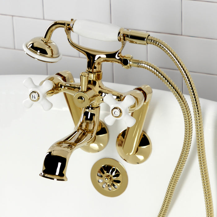 Kingston KS229PXPB Three-Handle 2-Hole Tub Wall Mount Clawfoot Tub Faucet with Hand Shower, Polished Brass