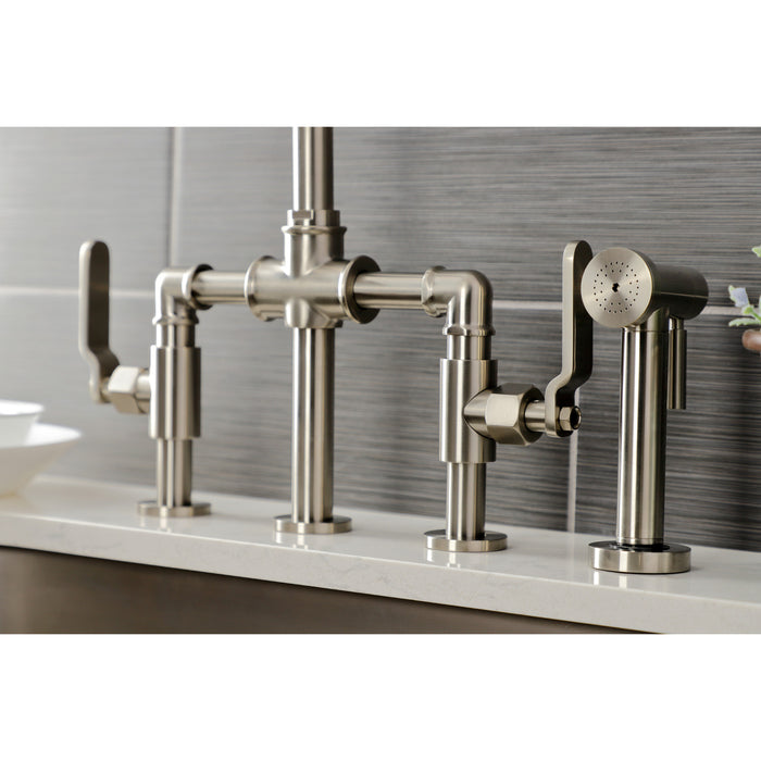 Whitaker KS2338KL Two-Handle 4-Hole Deck Mount Industrial Style Bridge Kitchen Faucet with Brass Side Sprayer, Brushed Nickel