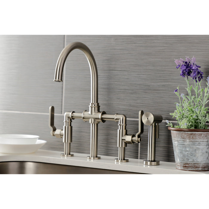 Whitaker KS2338KL Two-Handle 4-Hole Deck Mount Industrial Style Bridge Kitchen Faucet with Brass Side Sprayer, Brushed Nickel