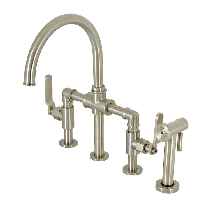 Whitaker KS2338KL Two-Handle 4-Hole Deck Mount Industrial Style Bridge Kitchen Faucet with Brass Side Sprayer, Brushed Nickel