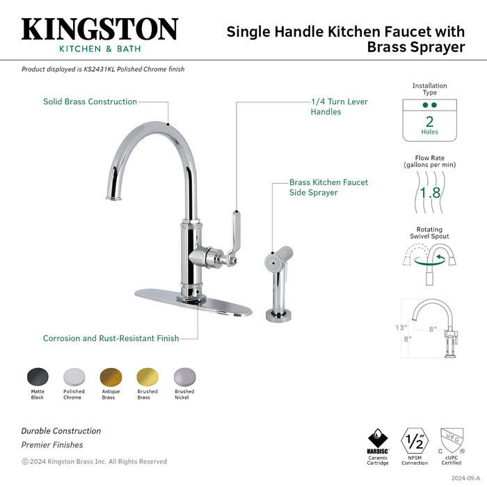 Whitaker KS2438KL Single-Handle 2-Hole Deck Mount Kitchen Faucet with Brass Side Sprayer, Brushed Nickel