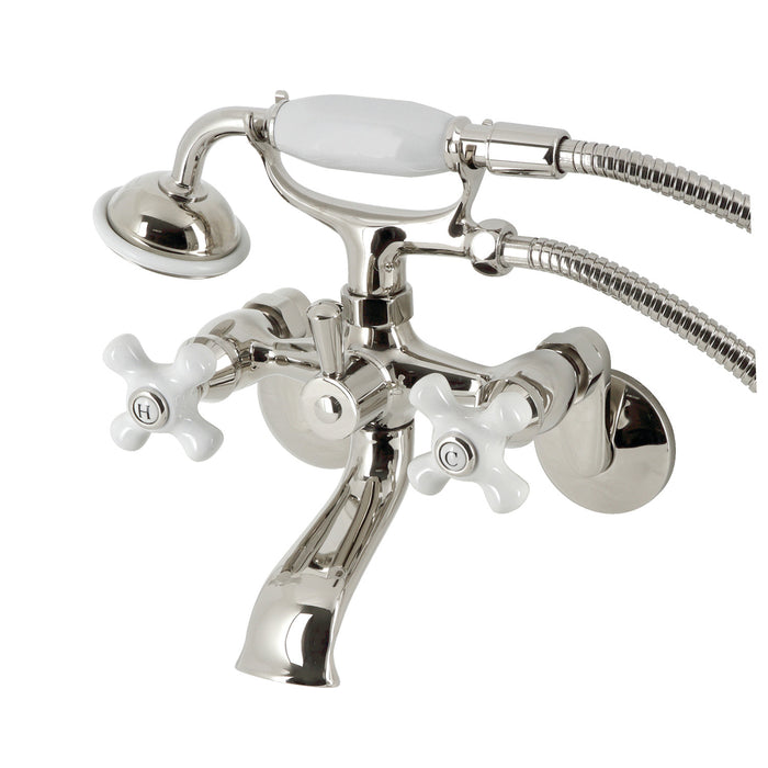 Kingston KS266PXPN Three-Handle 2-Hole Wall Mount Clawfoot Tub Faucet with Hand Shower, Polished Nickel