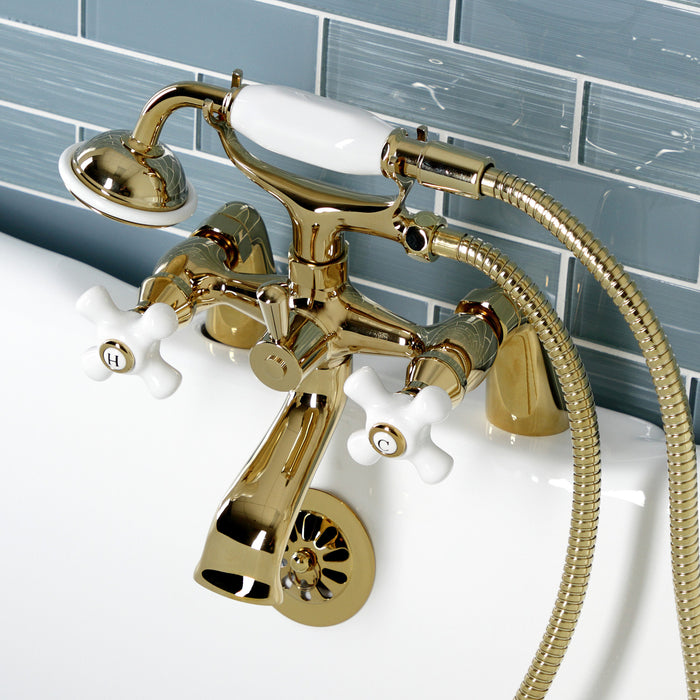 Kingston KS267PXPB Three-Handle 2-Hole Deck Mount Clawfoot Tub Faucet with Hand Shower, Polished Brass