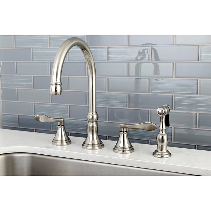 NuFrench KS2798DFLBS Two-Handle 4-Hole Deck Mount Widespread Kitchen Faucet with Brass Sprayer, Brushed Nickel