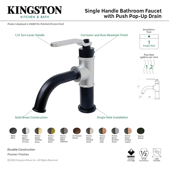 Whitaker KS2820KL One-Handle 1-Hole Bathroom Faucet with Push Pop-Up Drain, Matte Black