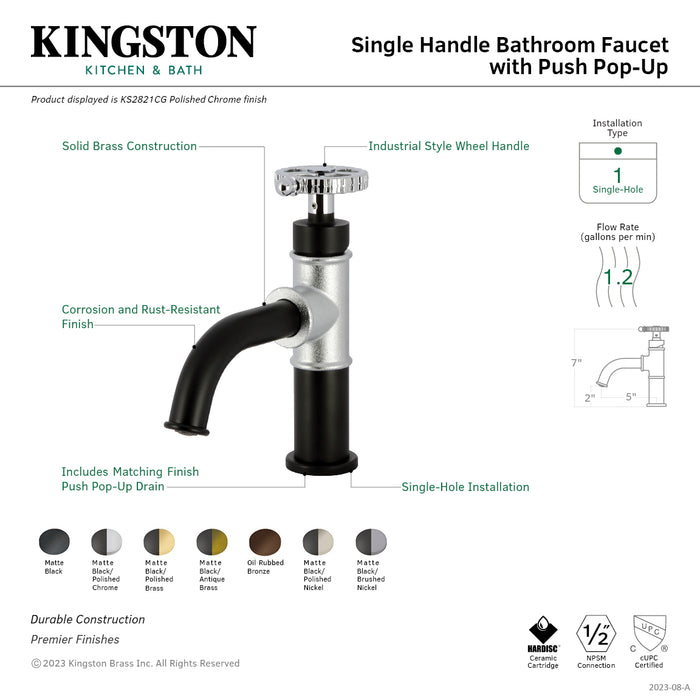 Fuller KS2826CG Single-Handle 1-Hole Deck Mount Bathroom Faucet with Push Pop-Up, Matte Black/Polished Nickel