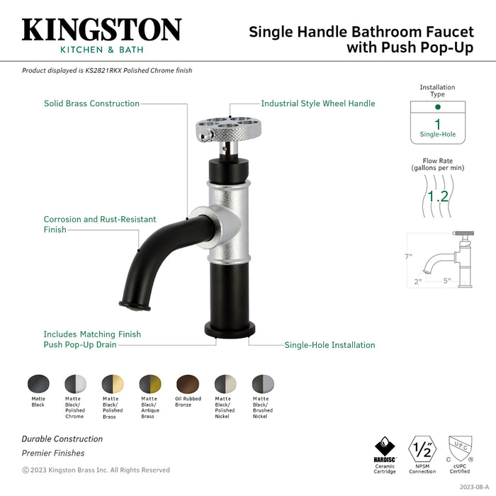 Webb KS2828RKX One-Handle 1-Hole Bathroom Faucet with Knurled Handle and Push Pop-Up Drain, Matte Black/Brushed Nickel