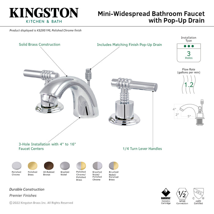 KS2957ML Two-Handle 3-Hole Deck Mount Mini-Widespread Bathroom Faucet with Brass Pop-Up, Brushed Nickel/Polished Chrome