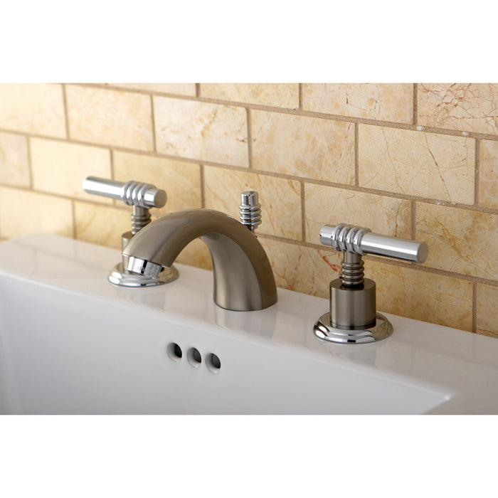 KS2957ML Two-Handle 3-Hole Deck Mount Mini-Widespread Bathroom Faucet with Brass Pop-Up, Brushed Nickel/Polished Chrome