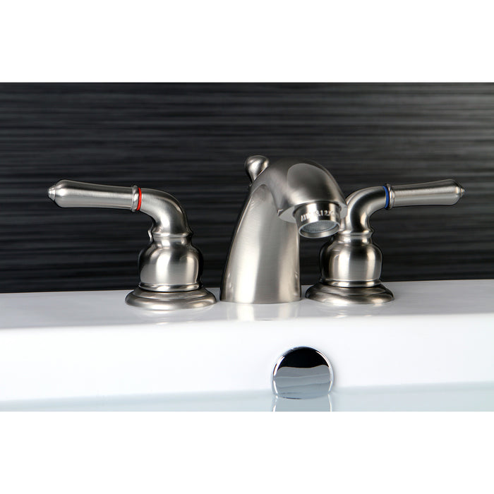 KS2958 Two-Handle 3-Hole Deck Mount Mini-Widespread Bathroom Faucet with Brass Pop-Up, Brushed Nickel