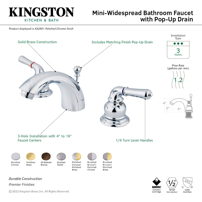 KS2959 Two-Handle 3-Hole Deck Mount Mini-Widespread Bathroom Faucet with Brass Pop-Up, Brushed Nickel/Polished Brass