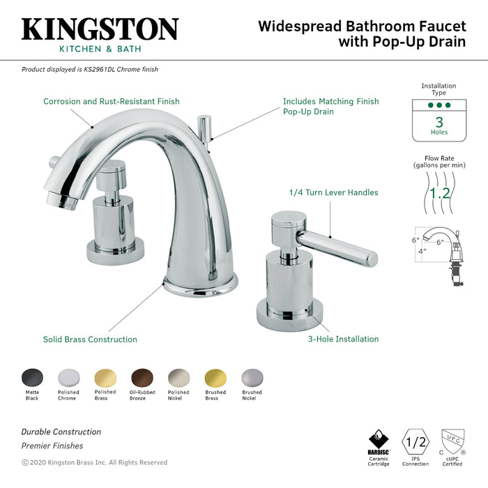 Concord KS2960DL Two-Handle 3-Hole Deck Mount Widespread Bathroom Faucet with Brass Pop-Up Drain, Matte Black