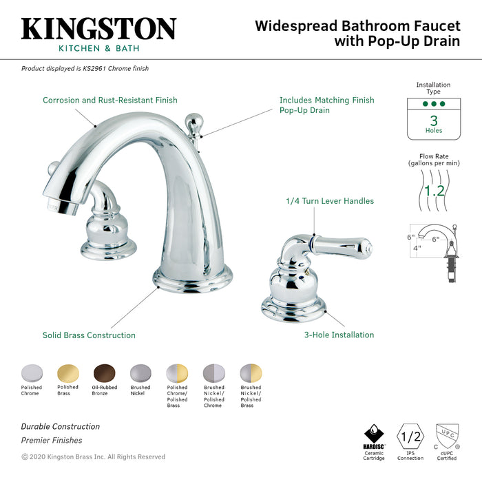 Naples KS2961 Two-Handle 3-Hole Deck Mount Widespread Bathroom Faucet with Brass Pop-Up Drain, Polished Chrome