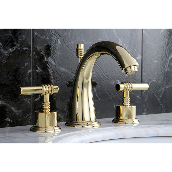 Milano KS2962ML Two-Handle 3-Hole Deck Mount Widespread Bathroom Faucet with Brass Pop-Up Drain, Polished Brass