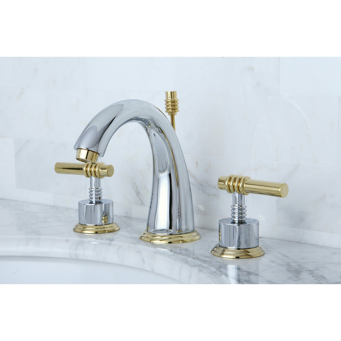 Milano KS2964ML Two-Handle 3-Hole Deck Mount Widespread Bathroom Faucet with Brass Pop-Up Drain, Polished Chrome/Polished Brass