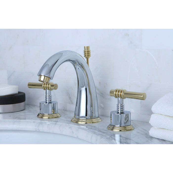 Milano KS2964ML Two-Handle 3-Hole Deck Mount Widespread Bathroom Faucet with Brass Pop-Up Drain, Polished Chrome/Polished Brass