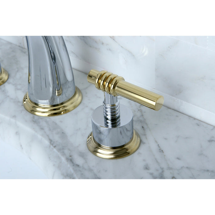 Milano KS2964ML Two-Handle 3-Hole Deck Mount Widespread Bathroom Faucet with Brass Pop-Up Drain, Polished Chrome/Polished Brass