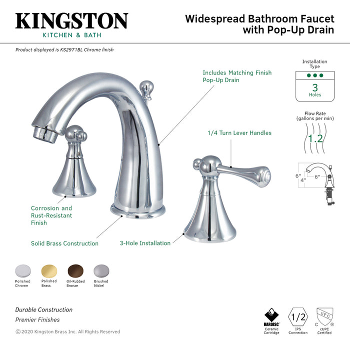 English Country KS2972BL Two-Handle 3-Hole Deck Mount Widespread Bathroom Faucet with Brass Pop-Up Drain, Polished Brass