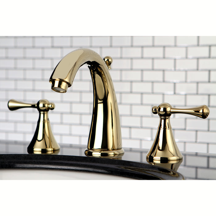 English Country KS2972BL Two-Handle 3-Hole Deck Mount Widespread Bathroom Faucet with Brass Pop-Up Drain, Polished Brass