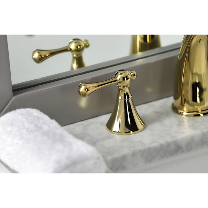 English Country KS2972BL Two-Handle 3-Hole Deck Mount Widespread Bathroom Faucet with Brass Pop-Up Drain, Polished Brass