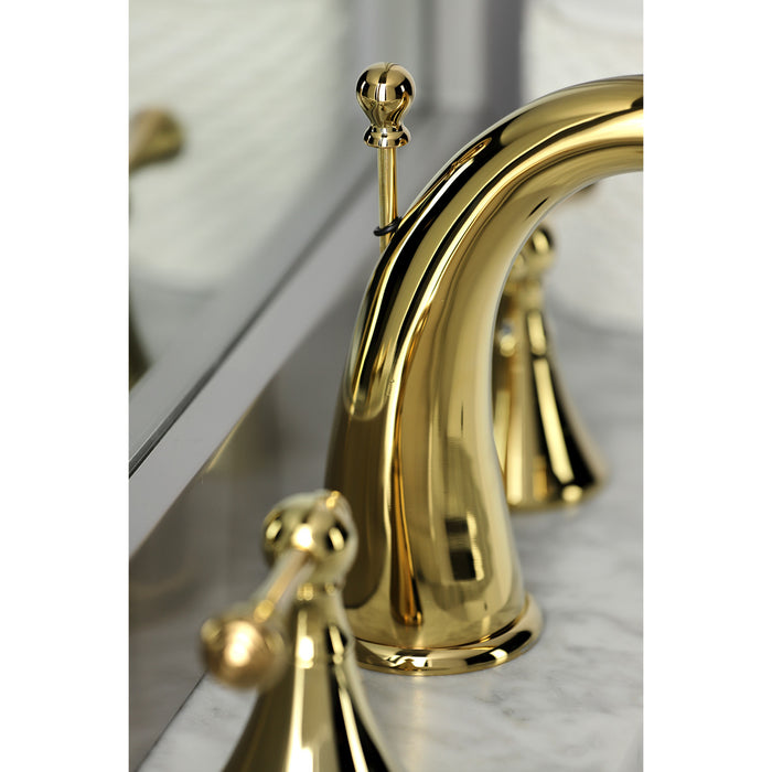 English Country KS2972BL Two-Handle 3-Hole Deck Mount Widespread Bathroom Faucet with Brass Pop-Up Drain, Polished Brass