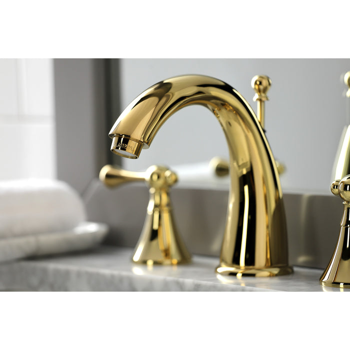 English Country KS2972BL Two-Handle 3-Hole Deck Mount Widespread Bathroom Faucet with Brass Pop-Up Drain, Polished Brass