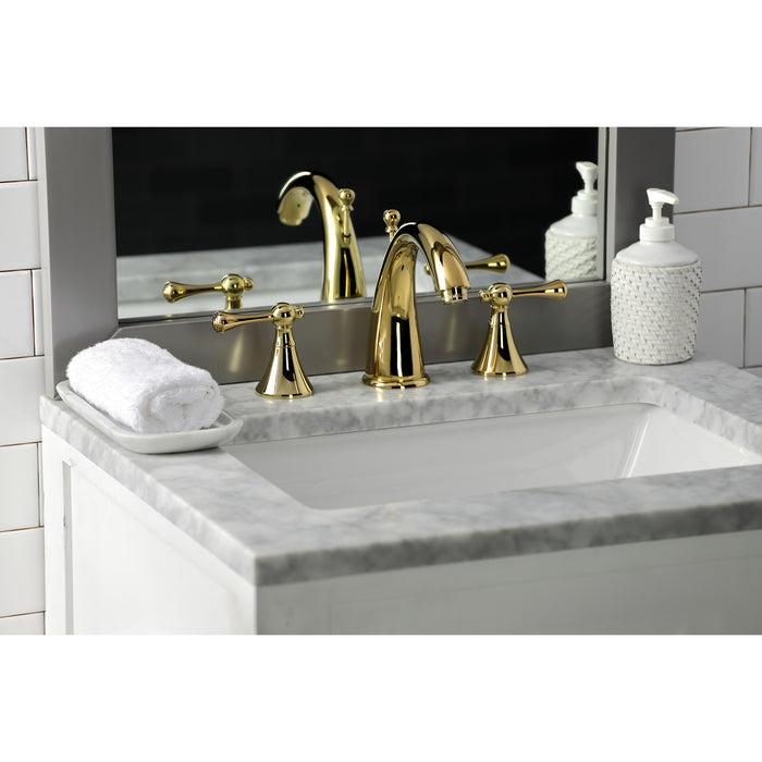 English Country KS2972BL Two-Handle 3-Hole Deck Mount Widespread Bathroom Faucet with Brass Pop-Up Drain, Polished Brass