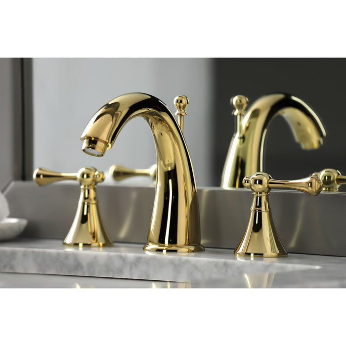 English Country KS2972BL Two-Handle 3-Hole Deck Mount Widespread Bathroom Faucet with Brass Pop-Up Drain, Polished Brass